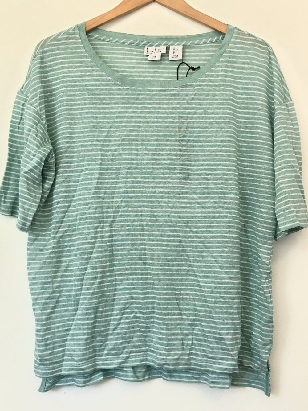 NEW NWT NICOLE MILLER Aqua Green White Stripe 100% Linen Boxy Short Sleeve Top S